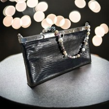 Vtg Black Lizard Embossed Evening Bag Crystals Authentic Baroque Pearls Strap