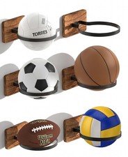 6 Pcs Wall Mount Basketball Holder with Wooden Base Ball Storage Display Ra...