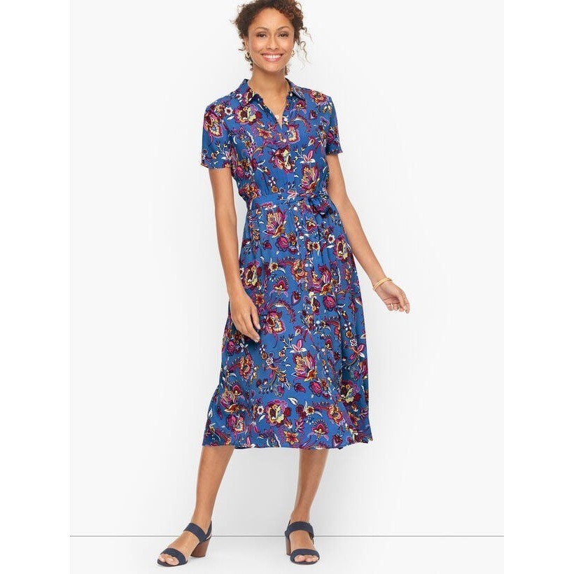 Talbots Blue Floral Paisley Viscose Belted Midi Shirt Dress Size 12 (P689)