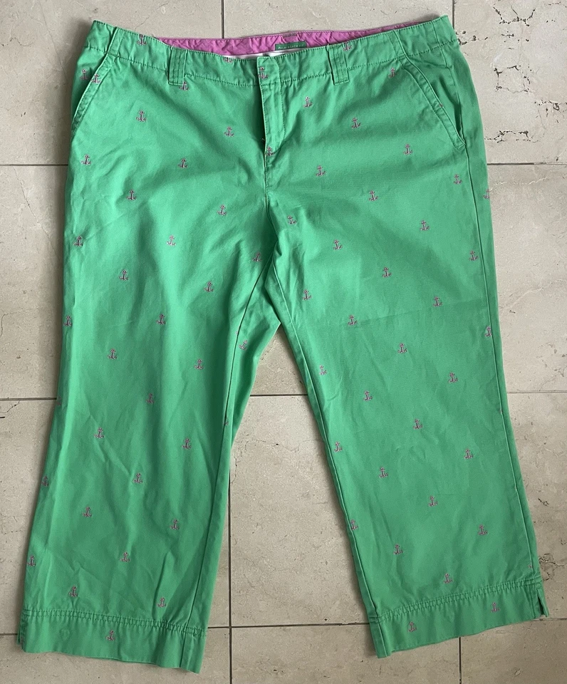 Lilly Pulitzer Size 14 Palm beach Fit Green Crop Pants Embroidered Pink Anchors - Image 4 of 4