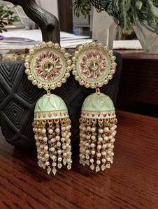 Authentic Ethnic Imitation Gold Plated Sage Green Jhumka/Bollywood Wedding Kundan Jhumka