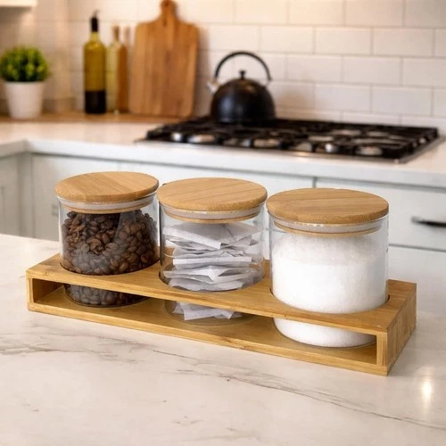 Set Of 3 Glass Tea Coffee Sugar Jars Canisters with Bamboo Stand Kitchen Storage