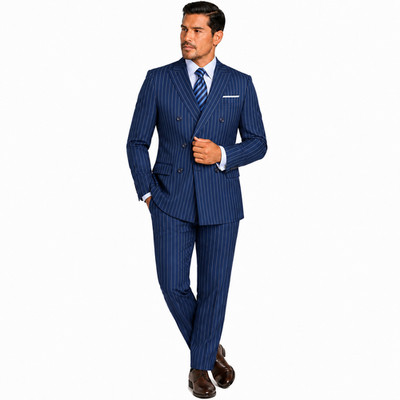 VINCI Blue Men's Wool Feel 6 Button Striped Double Breasted Classic Fit Suit