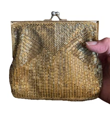 Magid Gold Beaded Evening Bag Women's Purse Chain Shoulder Strap Kiss Lock READ