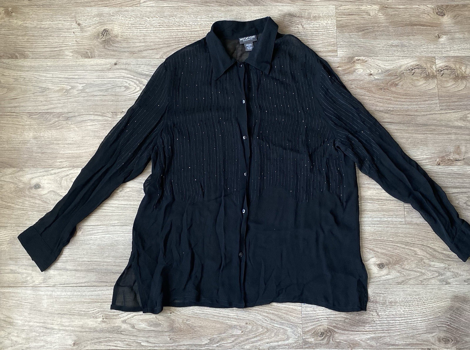 Notation Sheer Black Blouse Button Up  Large Sequ… - image 3