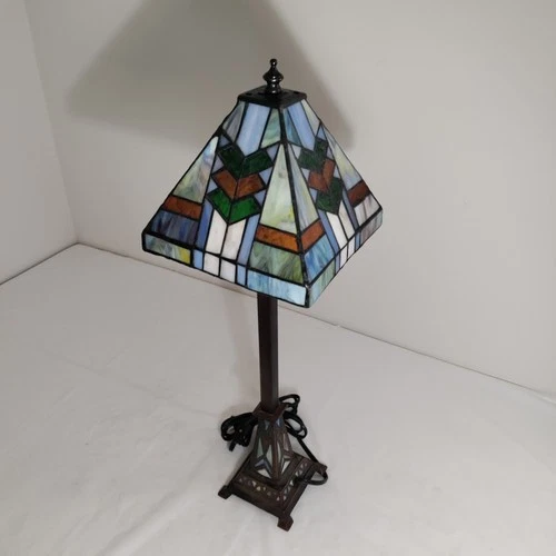 Vintage Tiffany Style Stained Glass Bronze Tone Metal Table Lamp 24" Tall