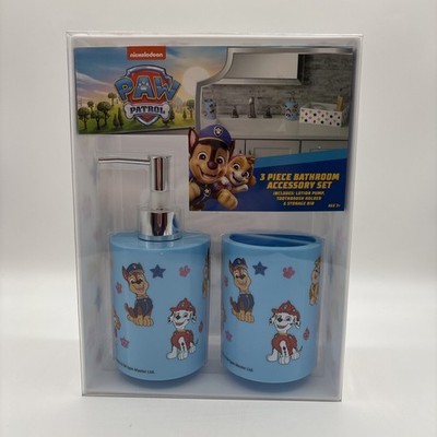 NEW Paw Patrol 3 pc Bathroom Accessory Set Toothbrush Cup Soap Pump Storage Bin