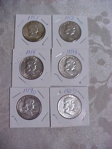 Lot (6) Franklin Half Dollars, 1950's & 1960's 90% Silver Coins, Fine to X-Fine
