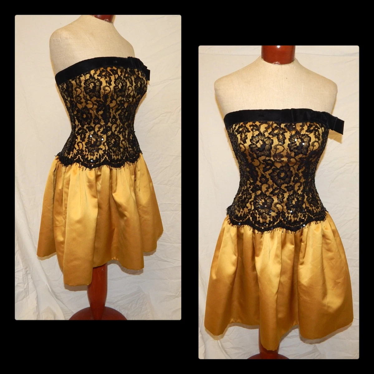 Vintage sz 8 Bob Mackie Boutique Black Gold Sequin Lace Cocktail Party Dress
