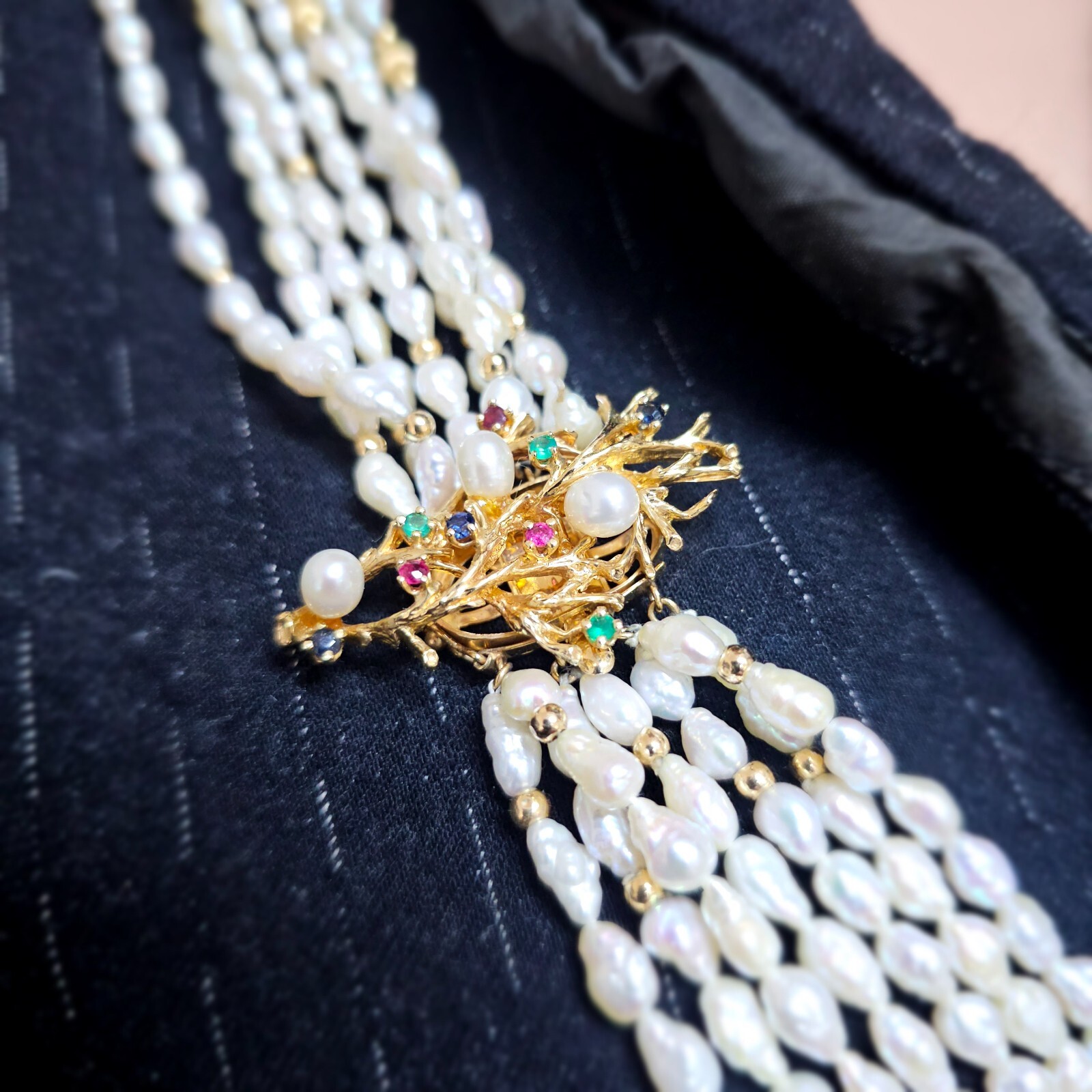 vtg Multi Strand Pearl Emerald Ruby Sapphire 14k … - image 16