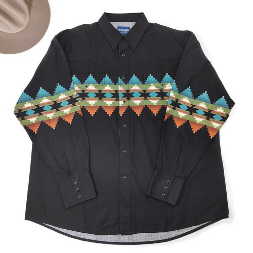 New Vintage Wrangler Aztec Western Shirt Brushpopper 90 Y2 Black Snap Cotton XXL