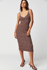 Free People Set The Bar Slim Smocked Midi Summer Dress, Brown, Small, RRP 98