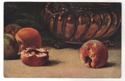Antique Postcard STILL LIFE Fruits Peaches vase ART Herrmann Old Russia