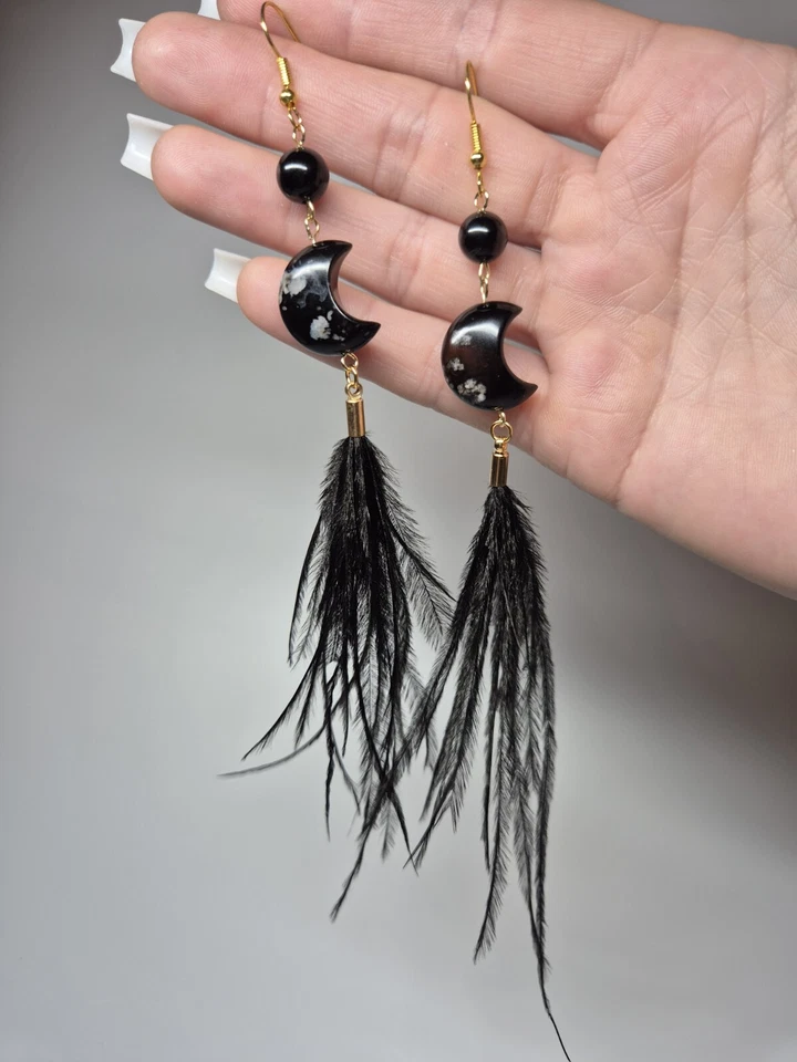 Pendientes de pluma y ágata flor natural en forma de luna Foto 2 de 4