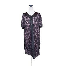 Vintage 60s Black Nylon Sheer Flocked Button Front Nightgown Housedress Adonna