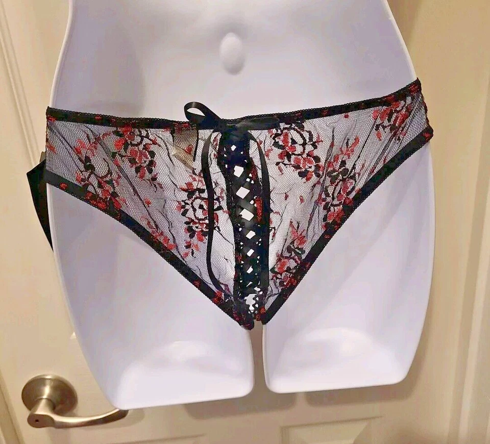 Bragas de bikini de colección Frederick's Of Hollywood SEDUCCIÓN NEGRO ROJO ENCAJE SIN ENTREPIERNA Foto 2 de 4