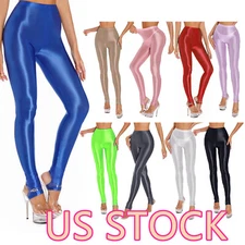-Women Sexy Glossy Stirrup Step on Foot Fitness Yoga Shiny Stretchy Tight Pant