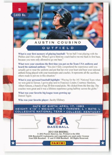 Austin Cousino Panini 2012 novato de béisbol de Estados Unidos - Imagen 2 de 2