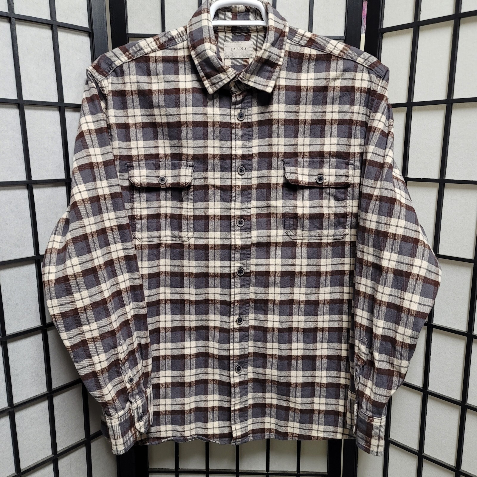 JACHS Mens XL Long Sleeve Flannel Shirt in Brown Gray Cream Plaid Heavy Knit O65-image