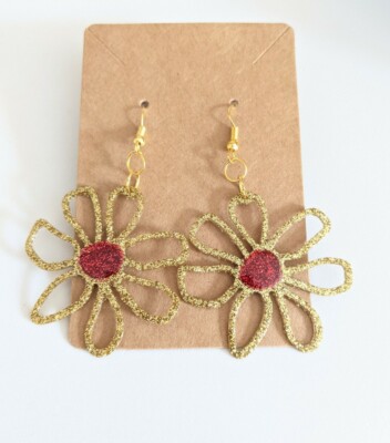 Handmade Resin Large Drop Earrings Gold Red Glittery Gold Plated Floral Light