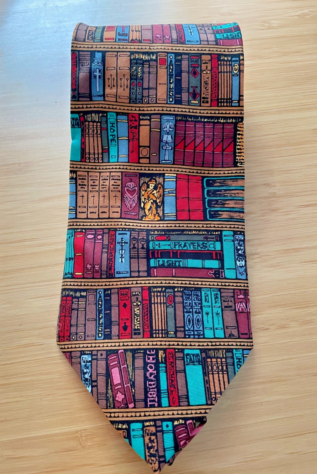 Vintage Bookshelf Library Silk Tie Religious Books Eagles Wings Necktie