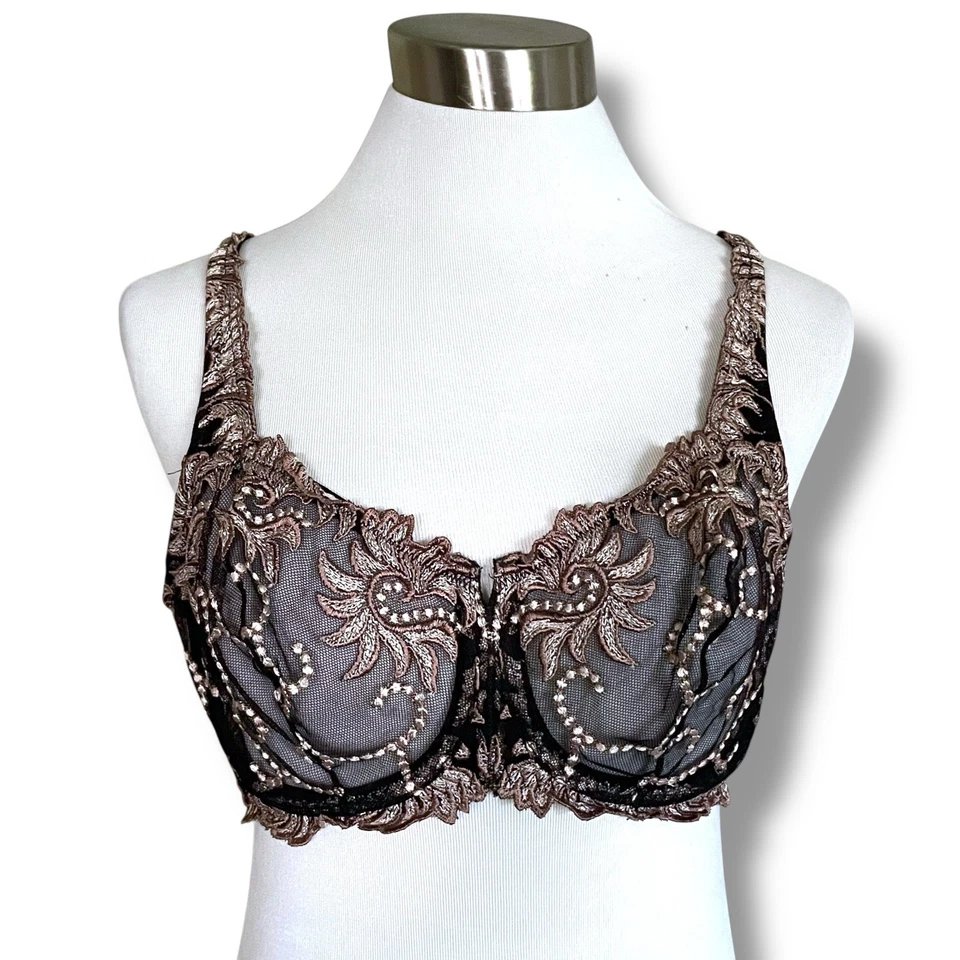 Lunaire 36D 胸罩黑色灰褐色塞维利亚刺绣钢圈透明蕾丝网眼 14011 — 第 2/4 张图片