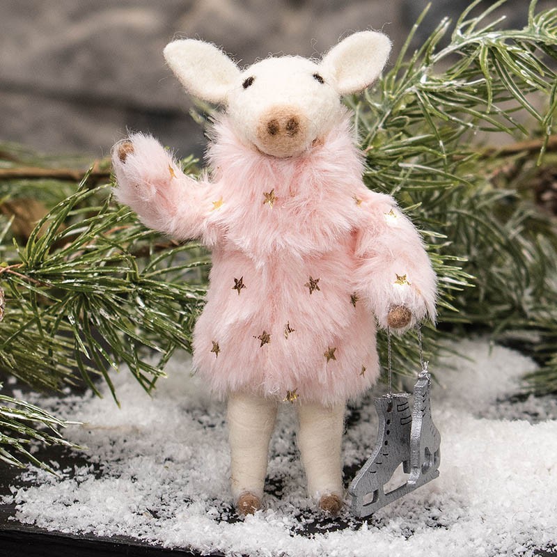 Pig Pink Ice Skater Felt Critter Ornament Gift Holiday Christmas Decor Mouse