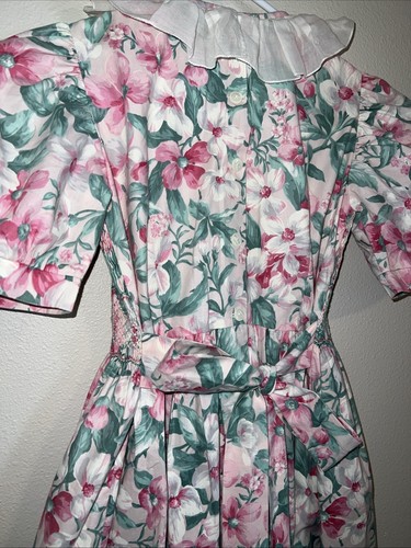 VTG 1990s Amarini Floral Smocked Pink Green Girls Party Dress ~ Size 8 - Picture 12 of 13