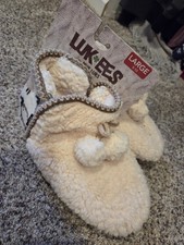 LUK-EES by MUK LUKS Leigh Lamb Bootie Slippers Ivory Faux Fur Pom Pom Women 9-10