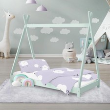 Lettino per bambini tenda indiana in legno verde menta rete a doghe 140 x 70 cm