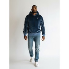 Playboy Mens Velour Hoodie Blue Velvet Bunny Logo Piping Sweatshirt Medium