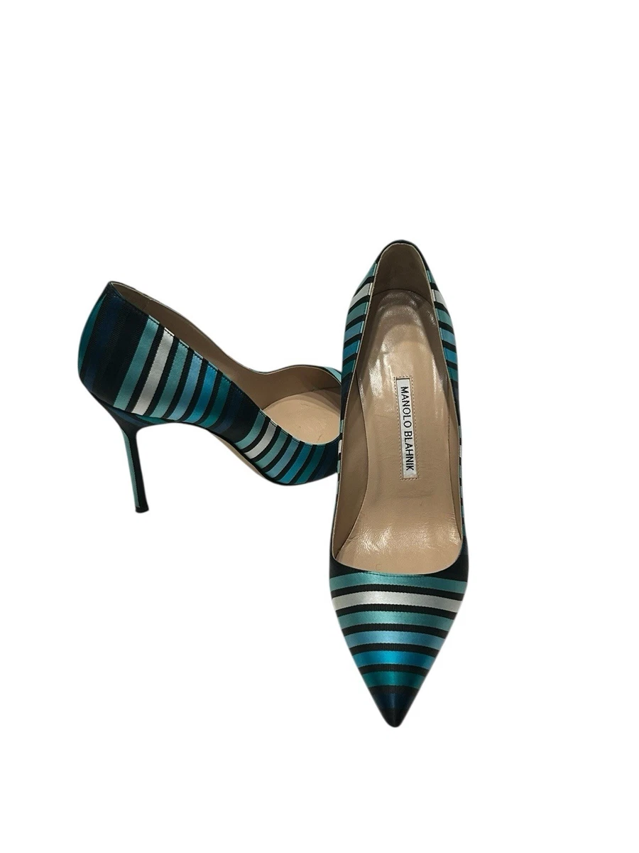 Manolo Blahnik Blue / Black Striped BB 105 Pumps Cloth ref  Manolo Blahnik Blue and Black Striped Heels display picture 1