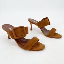 Manolo Blahnik Gable Camel Brown Suede Buckle Open Toe Stiletto Mules IT 39