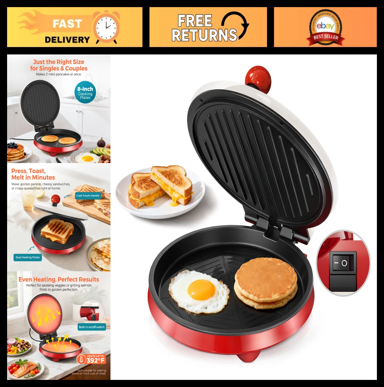 3-in-1 Nonstick Electric Griddle & Sandwich Maker - 8" Panini Press, 180° Open D