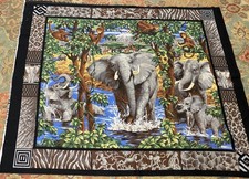 Fabric Panel Featuring African Elephants with Safari Background 100 Cotton