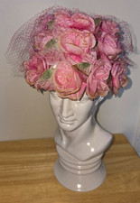 Vintage Pink Pillbox High Crown Hat Pink Roses w/ Green Leaves  Pink Netting