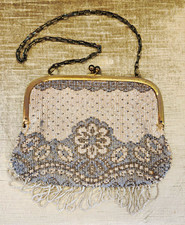 Antique Beaded Fringed Floral Pattern Evening Purse w/Leather Lining and Mirror