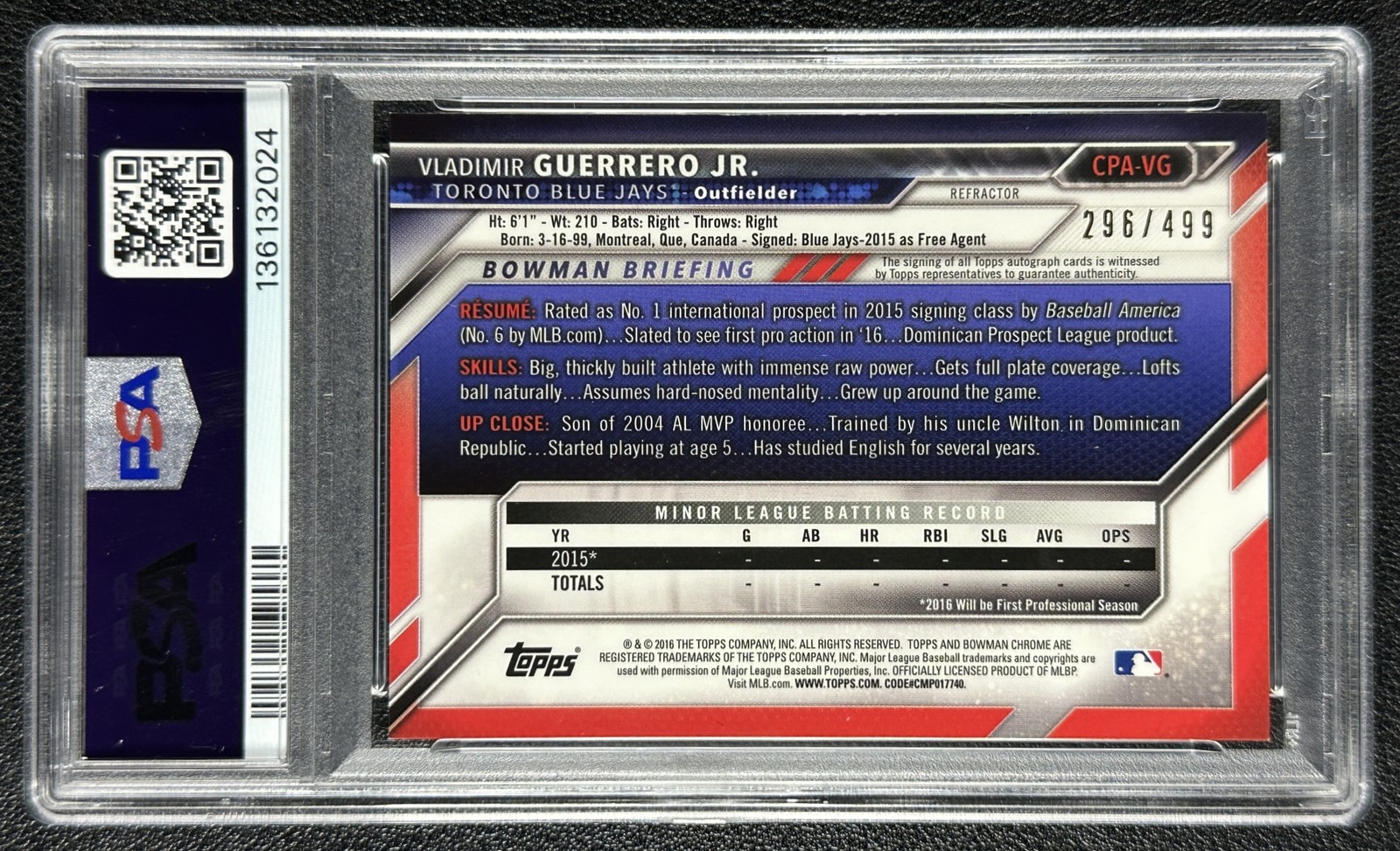 VLADIMIR GUERRERO JR. PSA 8 2016 BOWMAN CHROME PROSPECT REFRACTOR AUTO 296/499 view 2