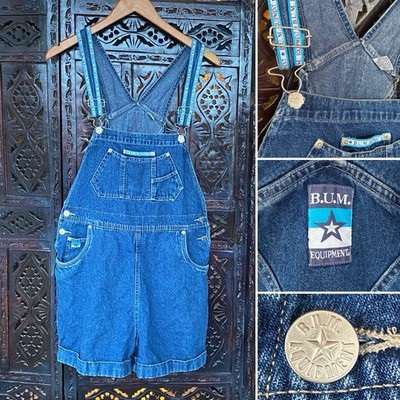 VTG 90s BUM Equipment Denim Overalls Shorts Womens M Shorttalls Logo Blue