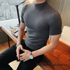 Men Knitted Jumper Top Basic Short Sleeve Sweater T-shirt Mock Neck Slim Fashion