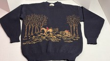 Regent’s London Pure Wool Pullover Sweater Men Sz L Navy Blue Fox Hunt Scene