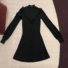 Reformation Womens Black Chapel Long Sleeve Ribbed Ruffle Mini Dress S