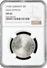 Weimar Republic 3 reichsmark 1930 F, NGC MS64,  Flight of the Graf Zeppelin 