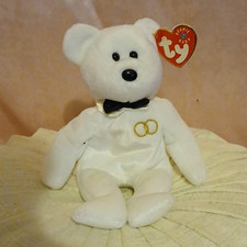 Ty Beanie Babies White Wedding Bear Plush Black Bow Gold Rings Heart Tag