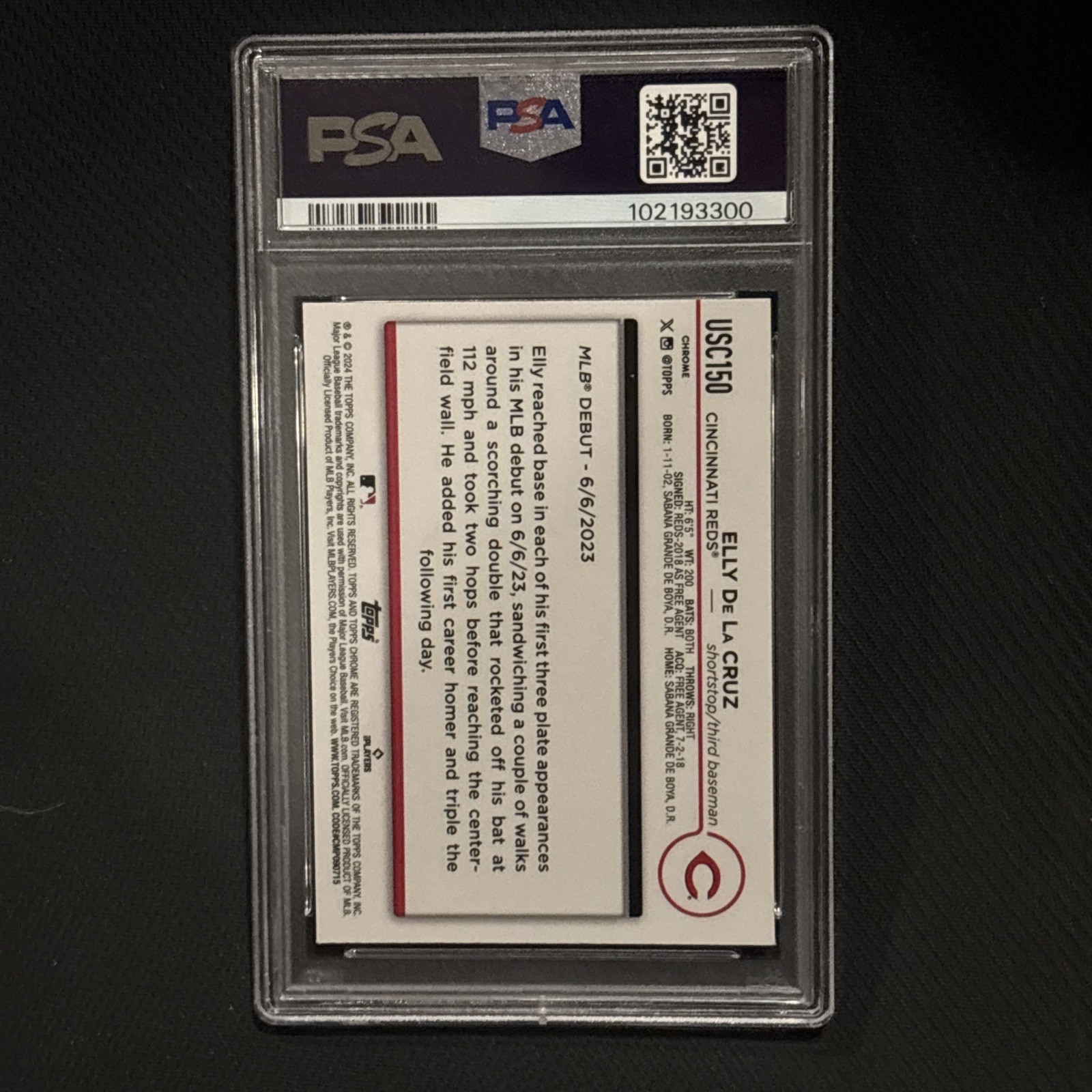 2024 Topps Chrome Update Elly De La Cruz #USC150 Rookie Debut X-Fractor PSA 10 view 2