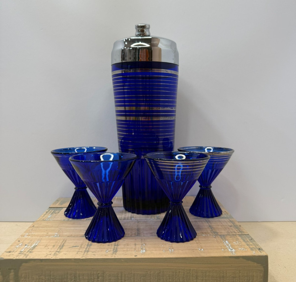 Vintage Cobalt Blue Cocktail Shaker Set 4 Glasses Silver Stripe Art Deco Barware