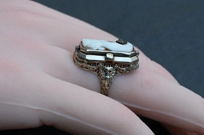 Superb Antique Carved Cameo & Black Onyx Flip Ring in 14k White Gold Ring
