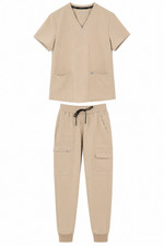 Fabletics Sz M Evoke Cargo Scrub Jogger Set 2 Pocket Scrub Top Desert Shadow Tan