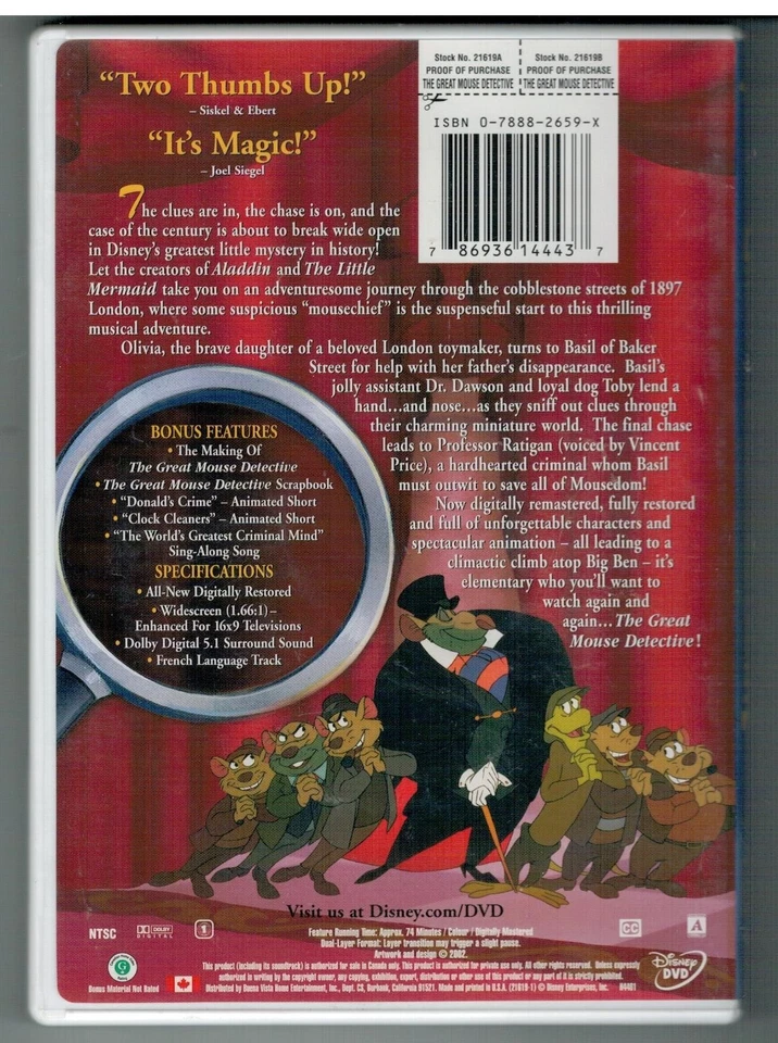 walt disney the great mouse detective dvd - Image 2 of 2