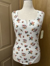 Eye Candy White Floral Bodysuit with V-neckline and Ribbed Details Size XL